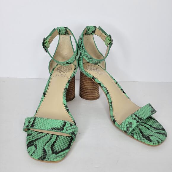 VINCE CAMUTO Mejorla Heeled Sandals Leather Green Snakeskin sz 8 - Picture 2 of 11